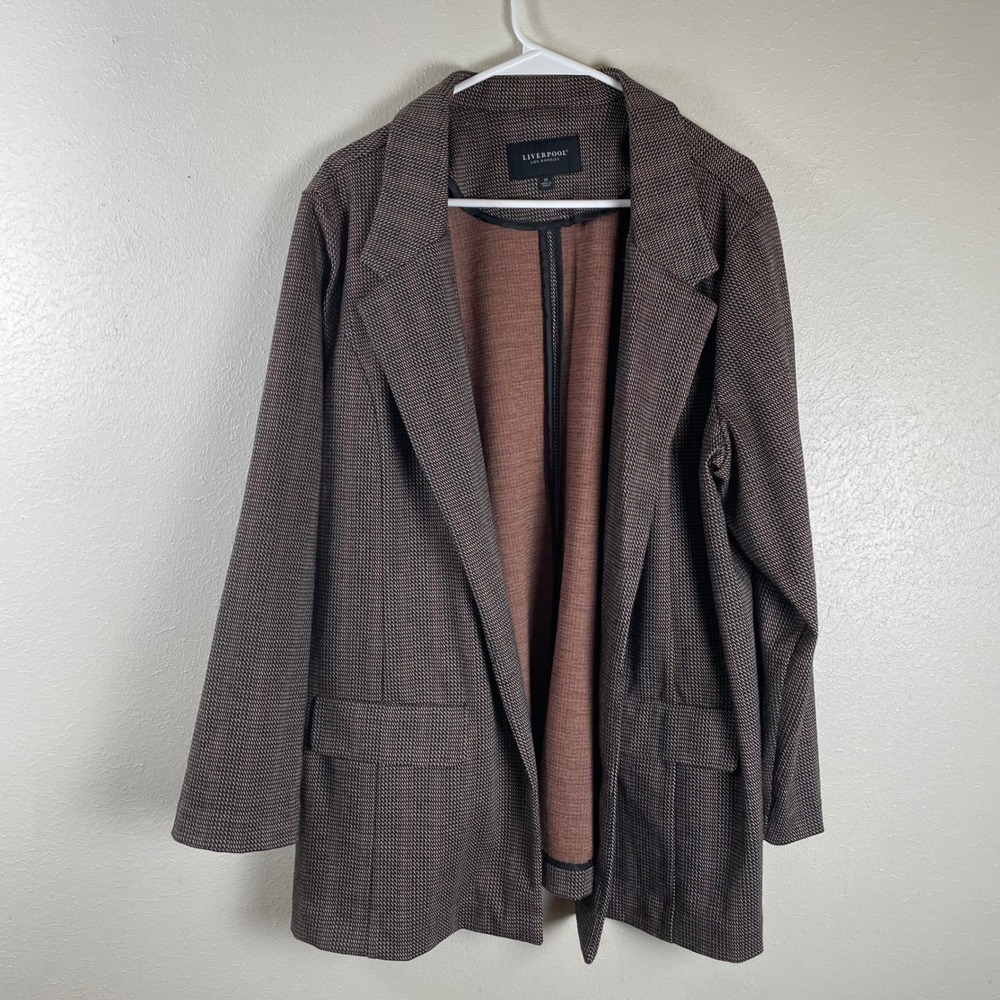 Liverpool Los Angeles Womens 2X Blazer Jacket Brown Brick Plaid Open Front